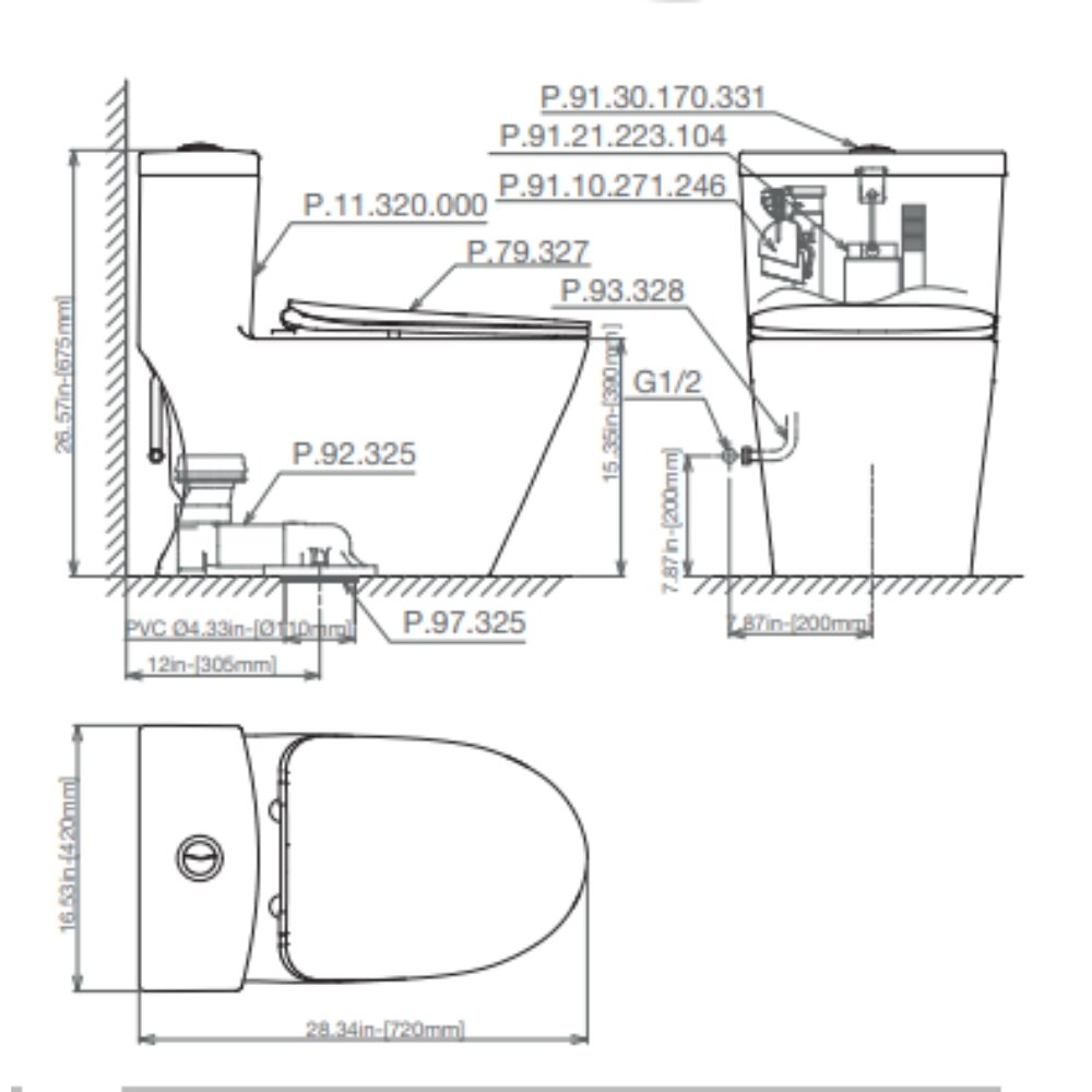 Bản vẽ kỹ thuật của bồn cầu 1 khối Viglacera Platinum P.11.320