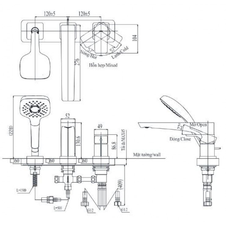 Bản vẽ kỹ thuật vòi xả bồn tắm nóng lạnh TOTO GE kèm sen TBG07305AA