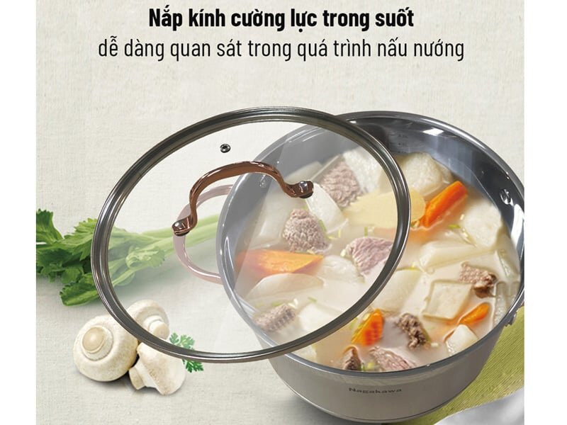 Bộ 3 nồi inox cao cấp 5 đáy Nagakawa NAG1352 (16cm, 20cm, 24cm) được làm bằng kính cường lực siêu bền