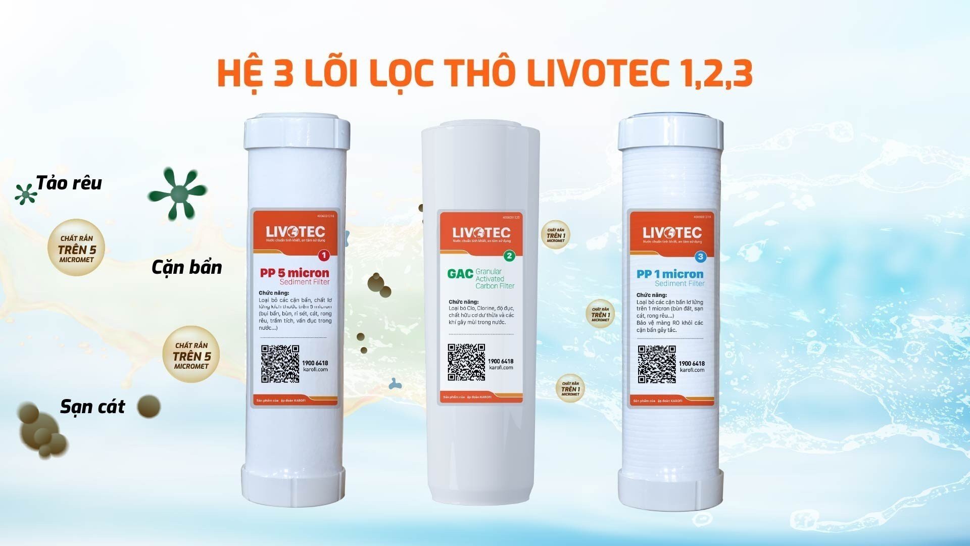 Máy lọc nước Karofi Livotec 628 có 3 lõi thô Máy lọc nước Karofi Livotec 628 có 3 lõi thô