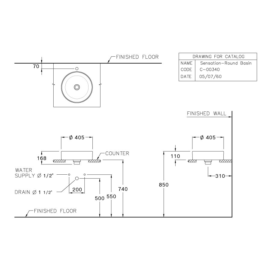 Bản vẽ kỹ thuật chậu rửa mặt lavabo đặt bàn C003407