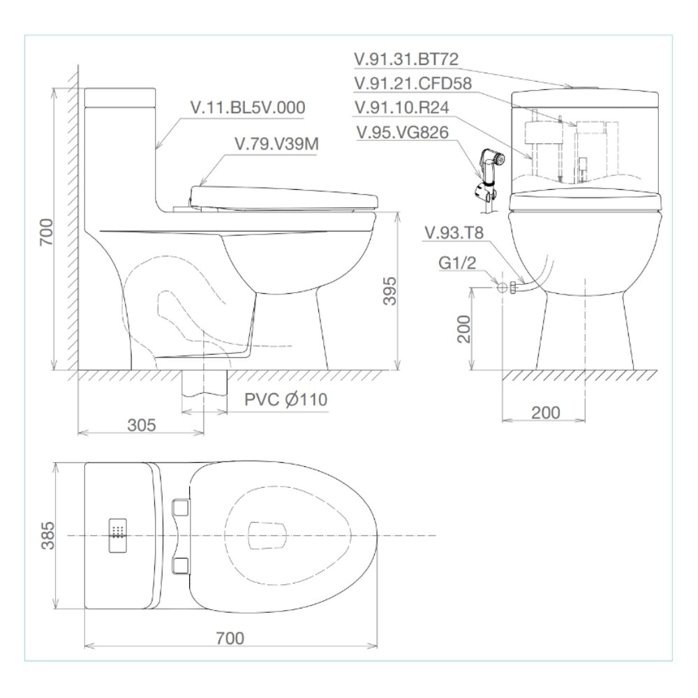 Bản vẽ kỹ thuật bồn cầu 1 khối Viglacera BL5V nắp êm xả xoáy (+ vòi xịt VG826)