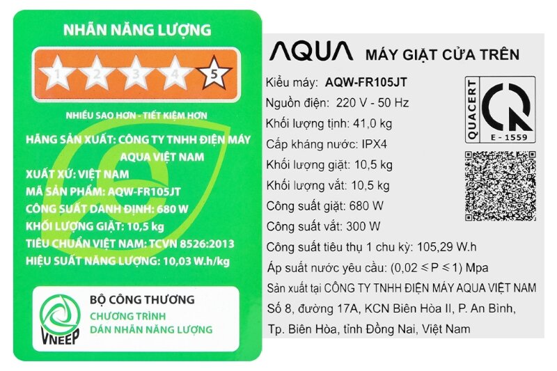 Máy giặt Aqua 10.5 Kg AQW-FR105JT.BK tiết kiệm điện