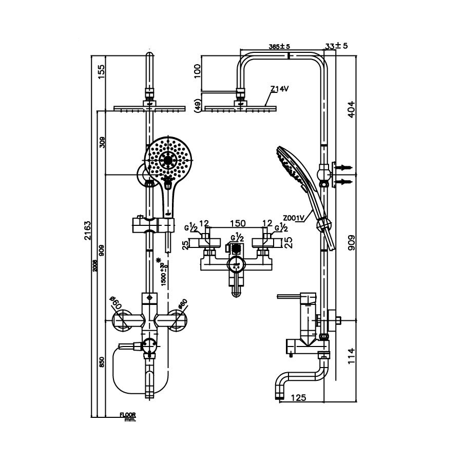 Bản vẽ kỹ thuật bộ vòi sen tắm đứng nóng lạnh COTTO CT5101W