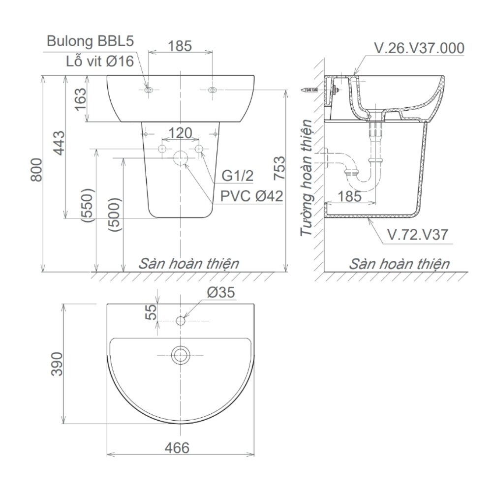 Bản vẽ kỹ thuật chậu rửa lavabo treo tường Viglacera V37 chân lửng