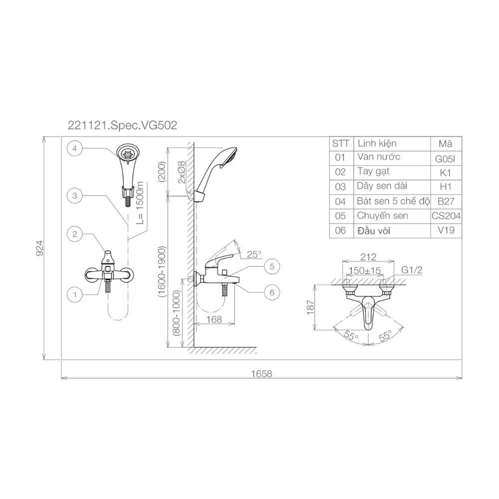 Bản vẽ kỹ thuật sen tắm nóng lạnh Viglacera VG502