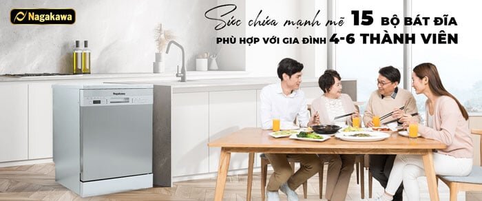 Máy rửa bát Nagakawa NK15D03M có thể rửa được 15 bộ đồ ăn châu Âu
