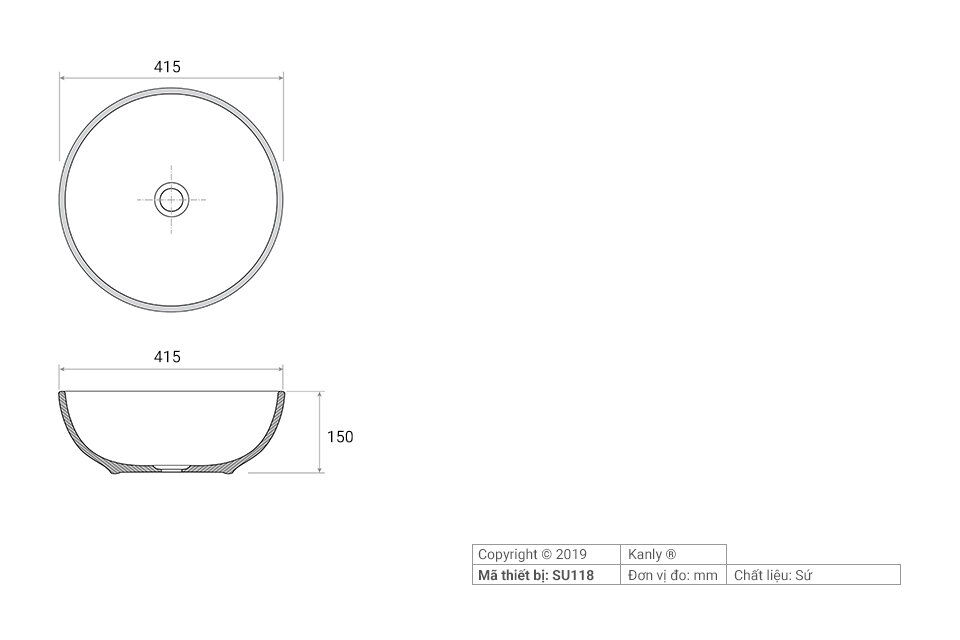 Bản vẽ kỹ thuật chậu rửa lavabo bằng sứ Kanly SU118