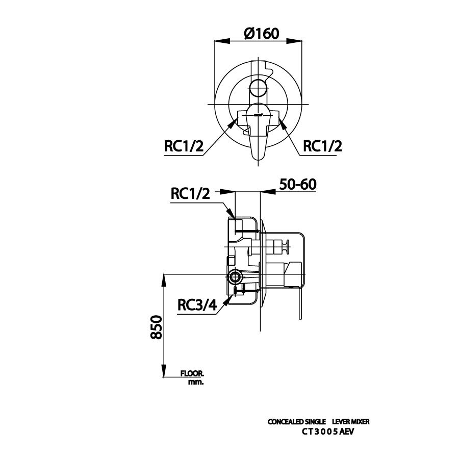 Bản vẽ kỹ thuật van điều chỉnh sen tắm âm tường nóng lạnh COTTO CT3005AEV 2 đường nước