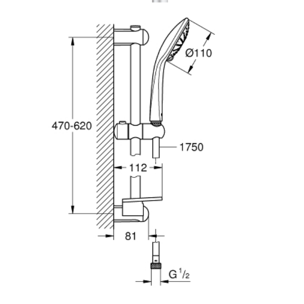 Bản vẽ kỹ thuật bộ tay sen và thanh trượt sen tắm Euphoria Grohe 27230001