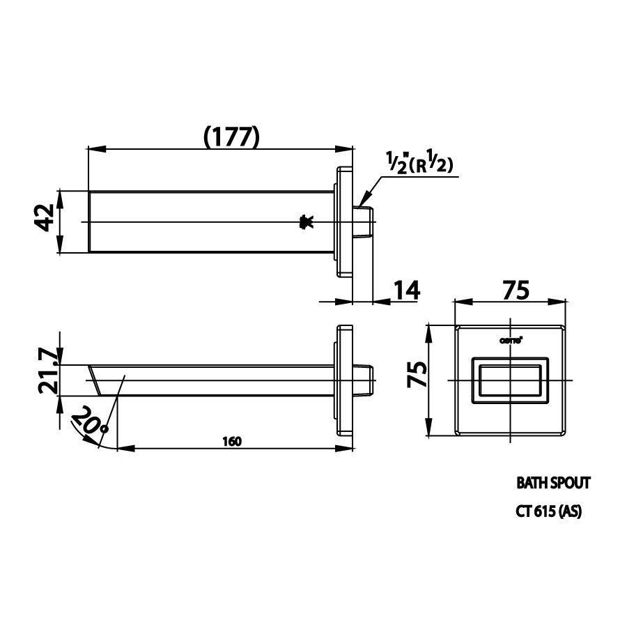 Bản vẽ kỹ thuật vòi xả bồn COTTO CT615 gắn tường