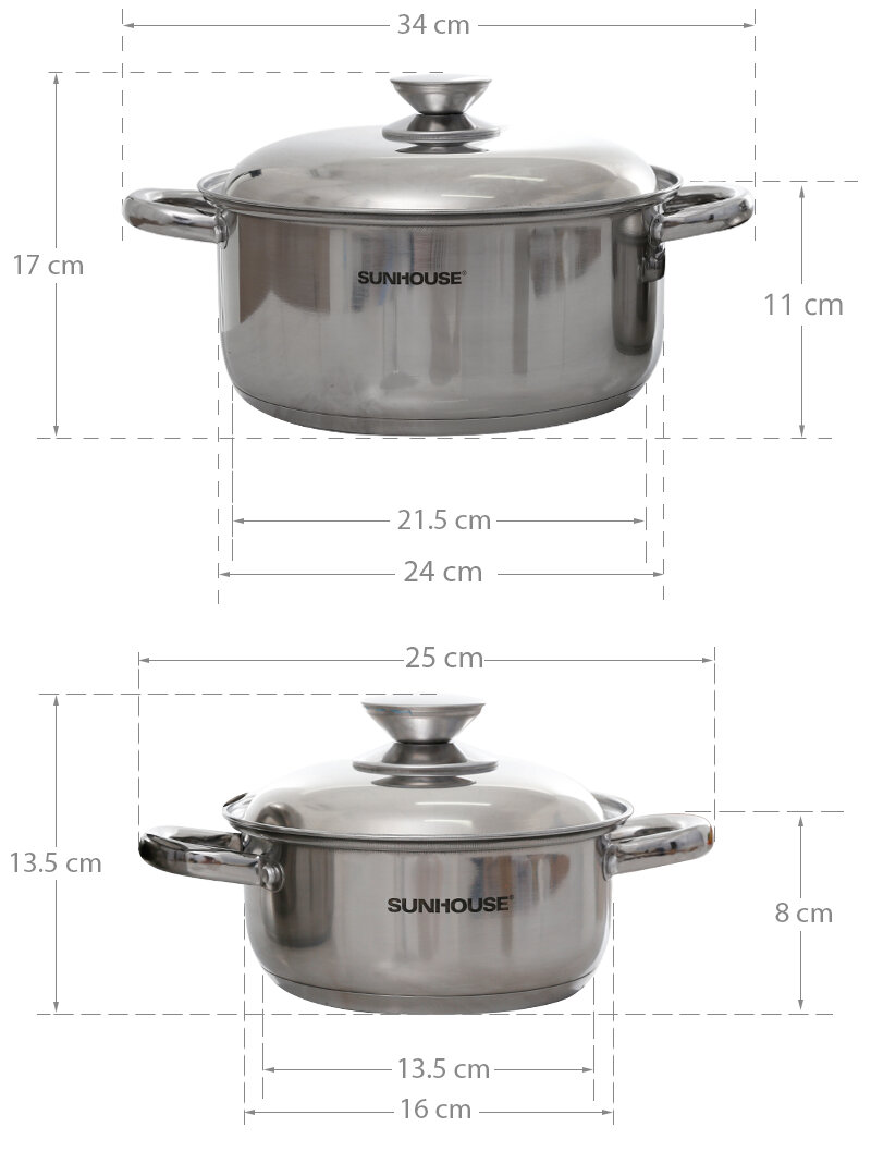 Bộ 2 nồi inox 3 đáy nắp inox Sunhouse SH332 Bộ 2 nồi inox 3 đáy nắp inox Sunhouse SH332
