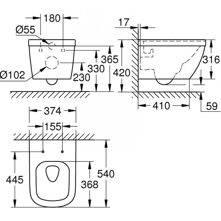 Bản vẽ kỹ thuật thân bồn cầu treo tường Euro Ceramic Grohe 39328000