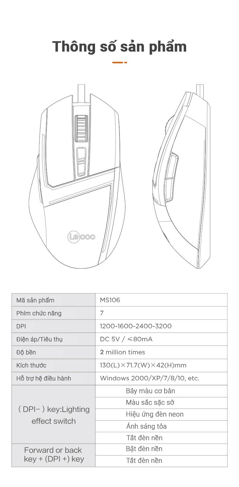 Chuột Gaming có dây Lecoo MS106 USB Đen