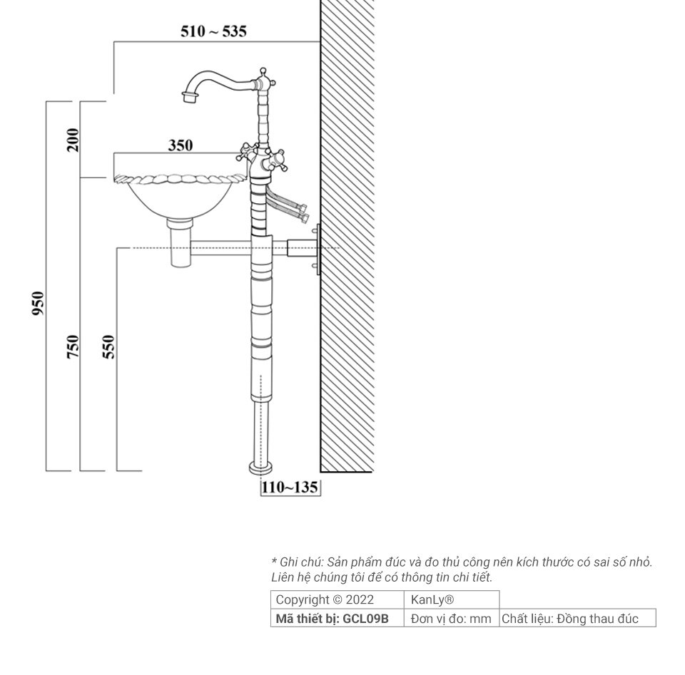 Bản vẽ kỹ thuật bộ lavabo treo tường Kanly GCL09B