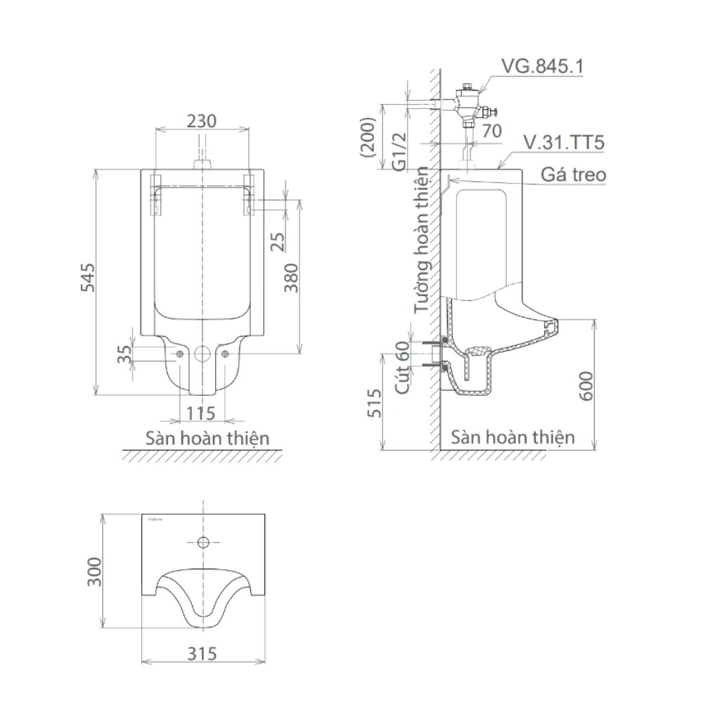 Bản vẽ kỹ thuật bồn tiểu nam Viglacera TT5