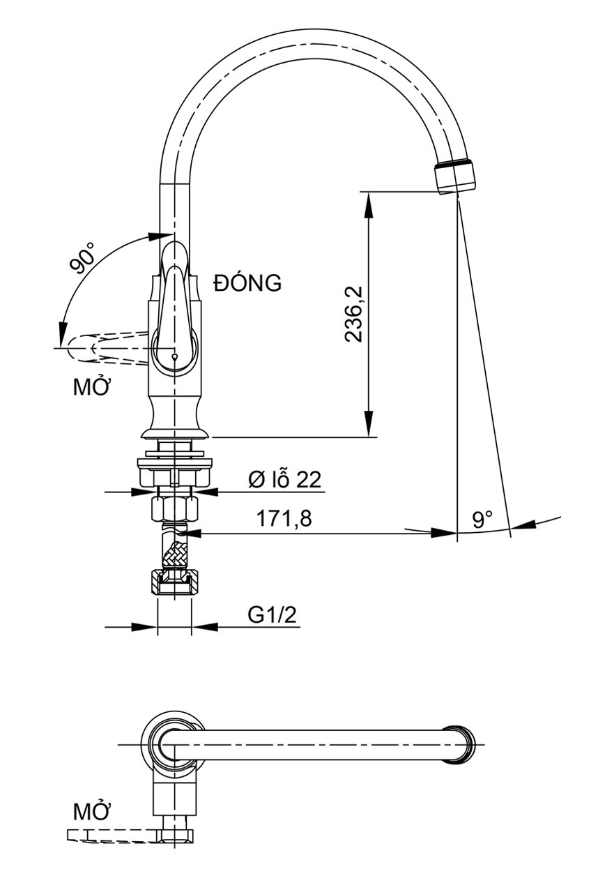 Bản vẽ kỹ thuật vòi rửa chén lạnh Luxta L3101T3