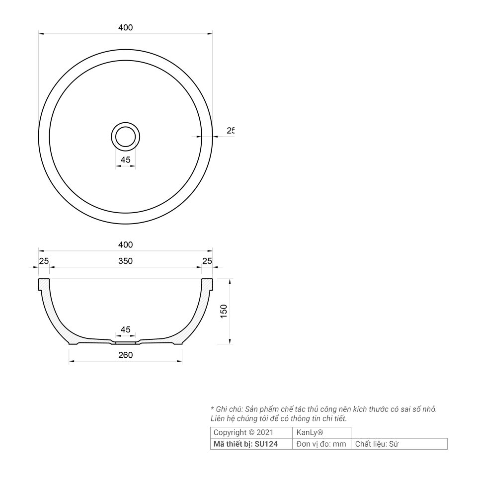 Bản vẽ kỹ thuật chậu rửa lavabo bằng sứ Kanly SU124