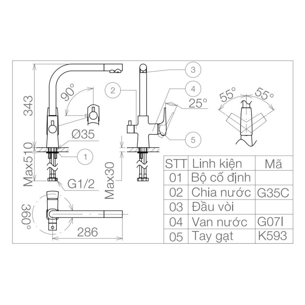 Bản vẽ kỹ thuật vòi bếp nóng lạnh Viglacera VG713
