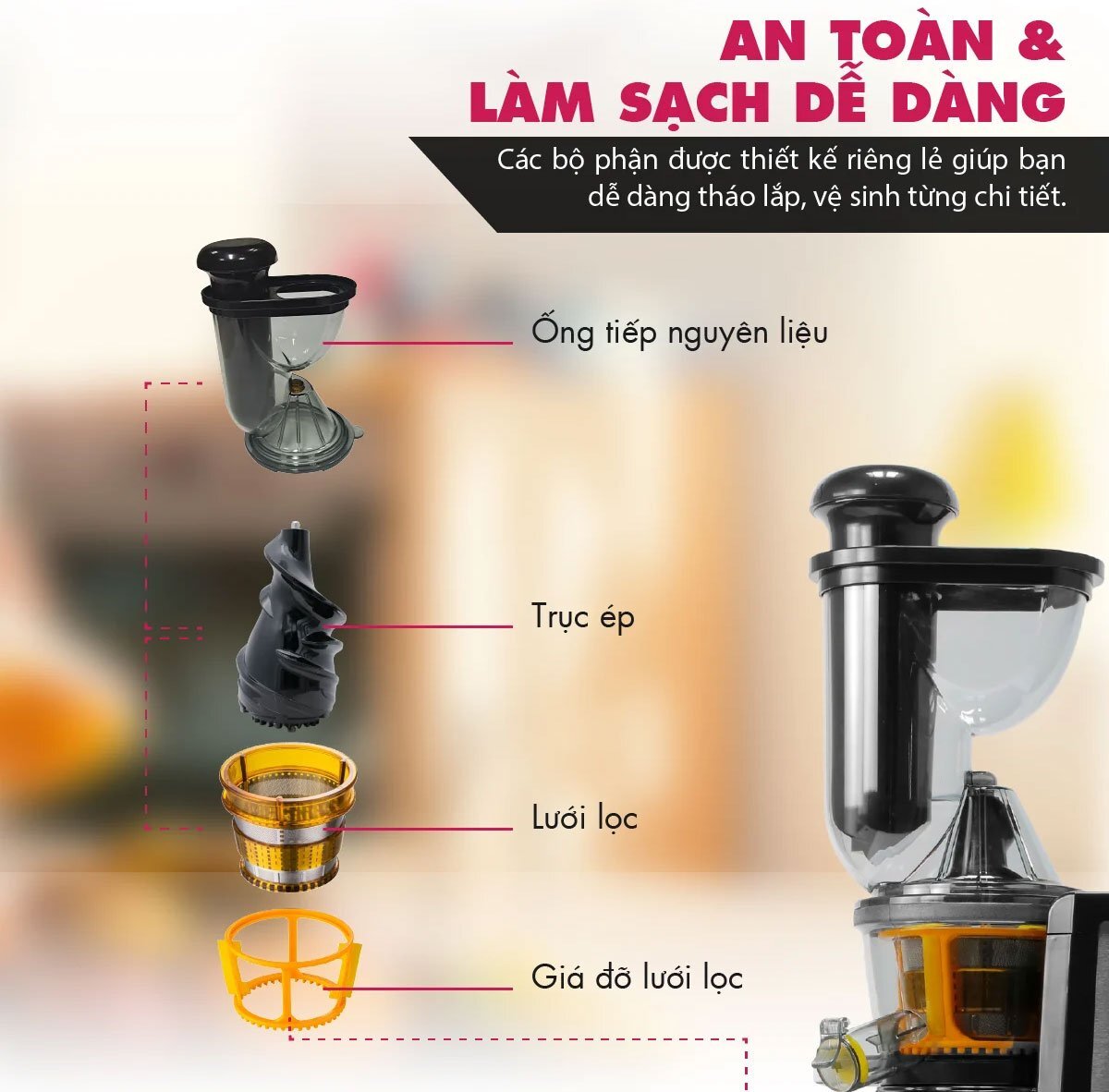 Cấu tạo của máy ép chậm Mishio MK313 Máy ép trái cây Mishio MK313