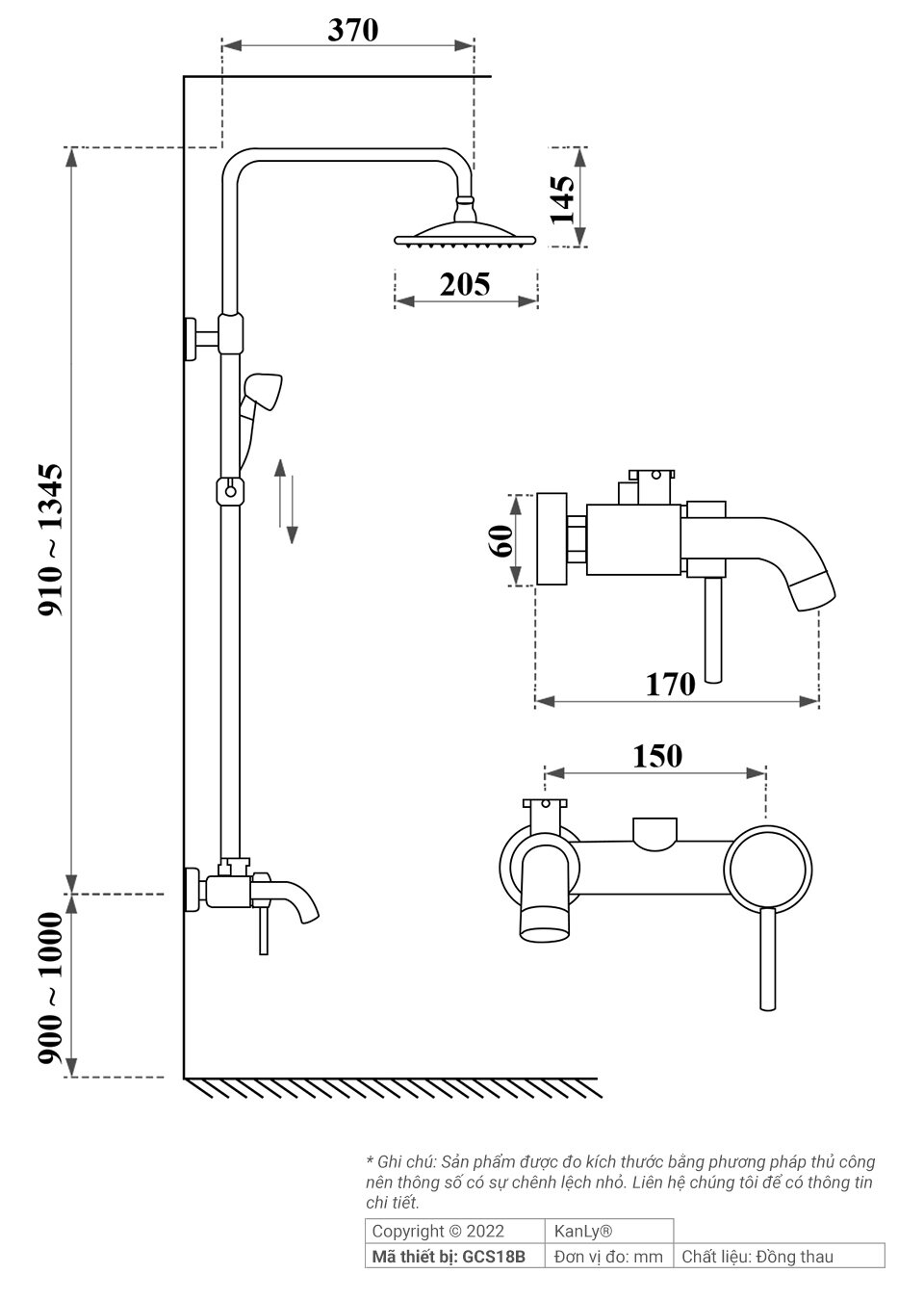 Bản vẽ kỹ thuật sen tắm đứng bằng đồng Kanly GCS18B