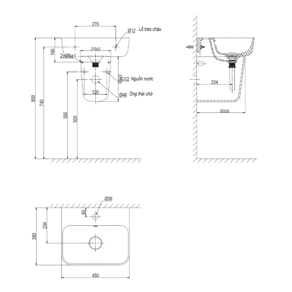 Bản vẽ kỹ thuật chậu rửa lavabo treo tường Viglacera V23