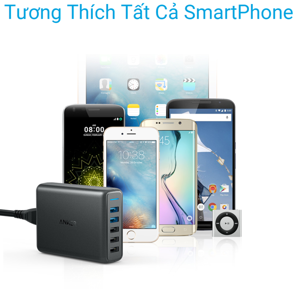 Sạc Anker 5 cổng, 63w, 2 cổng Quick Charge 3.0 - [Powerport Speed 5, 63w,  QC 3.0] - đen - A2054