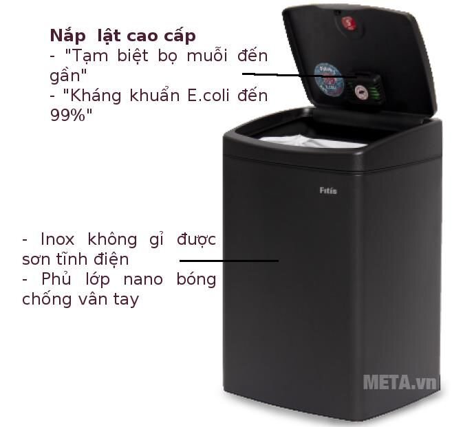 Thùng rác Inox nhấn vuông nhỏ Fitis STS1-903 - 15L (Đen)
