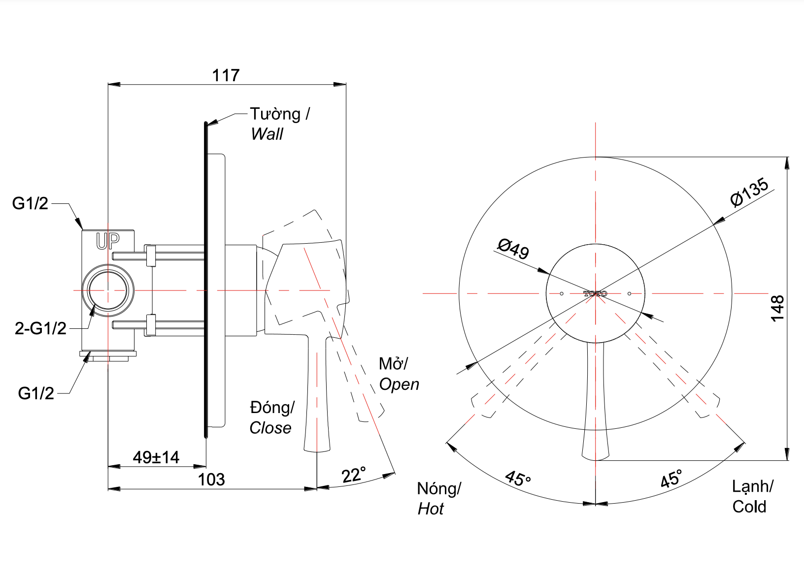 Bản vẽ kỹ thuật van gật gù điều chỉnh nóng lạnh cho sen âm tường TOTO TBS02303B