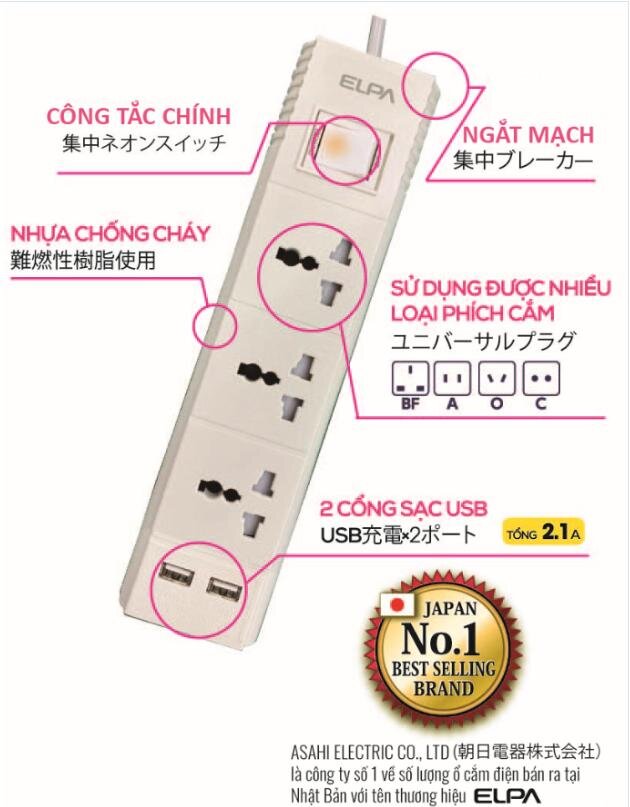 Ổ cắm điện ELPA ESU-VNC33 (3 ổ điện, 1 công tắc, 3m, 2xUSB) 1