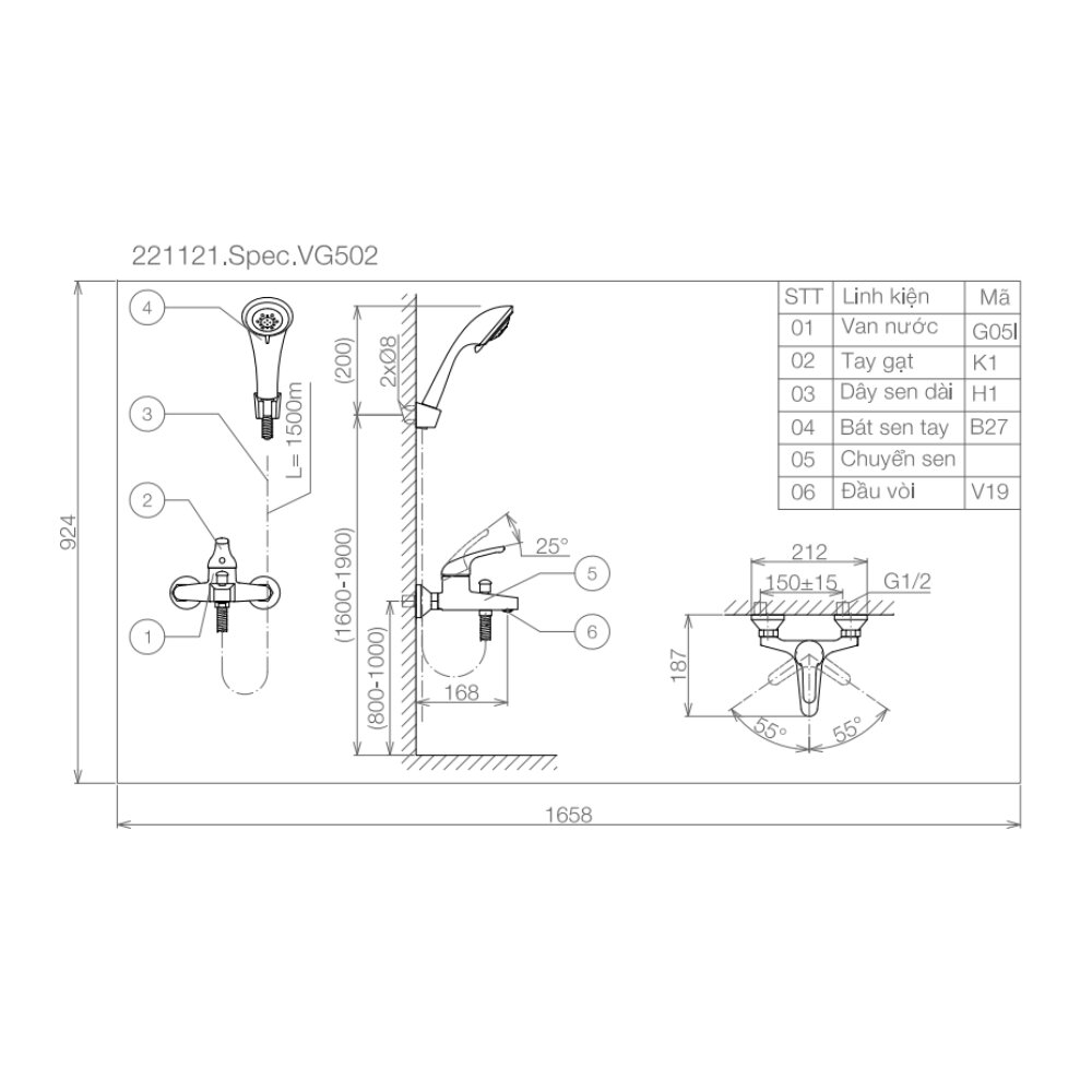 Bản vẽ kỹ thuật sen tắm nóng lạnh Viglacera VG502.2