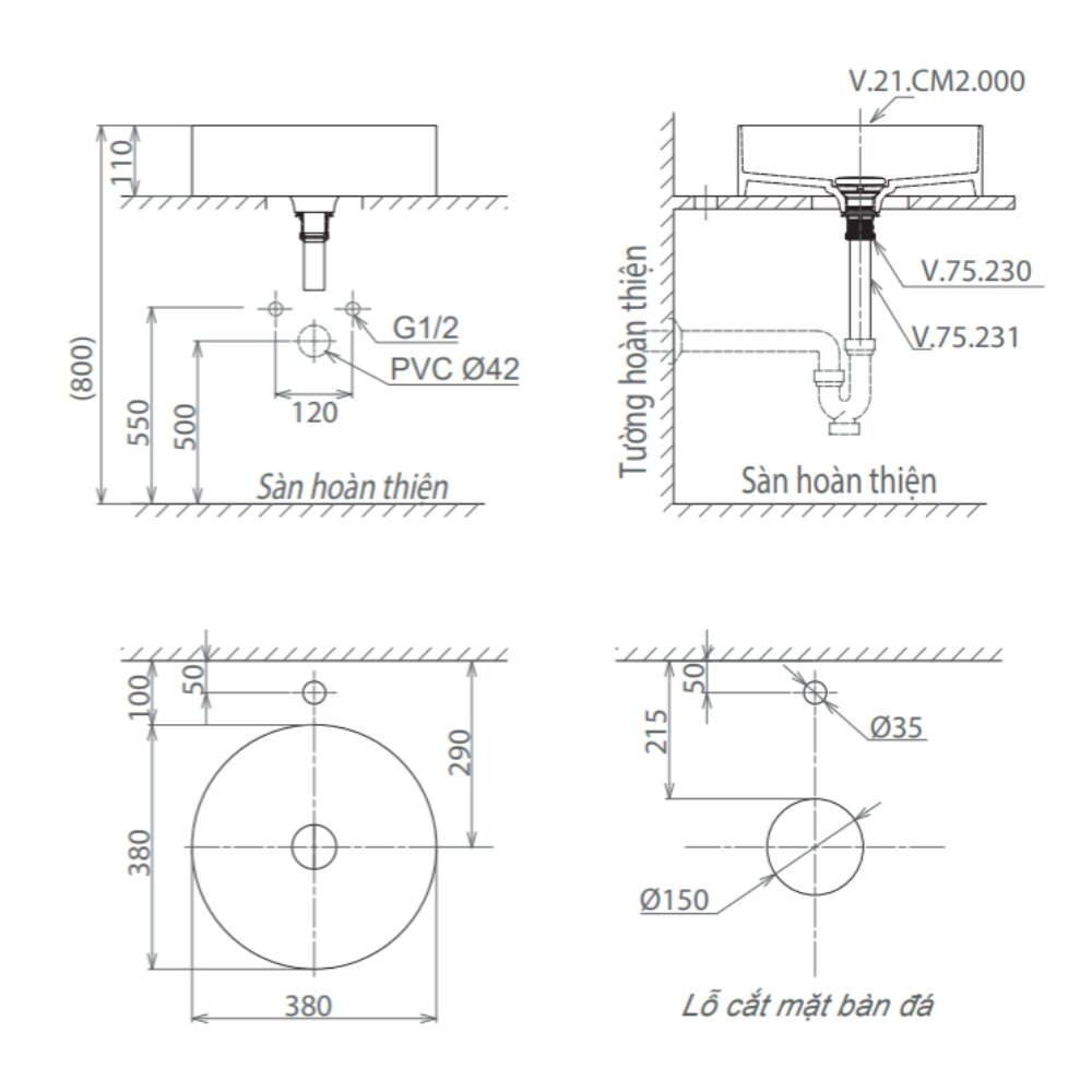 Bản vẽ kỹ thuật chậu lavabo đặt bàn Viglacera CM02