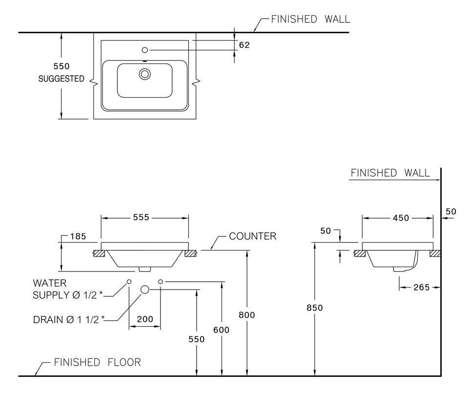 Bản vẽ kỹ thuật chậu rửa mặt lavabo đặt bàn COTTO C001057