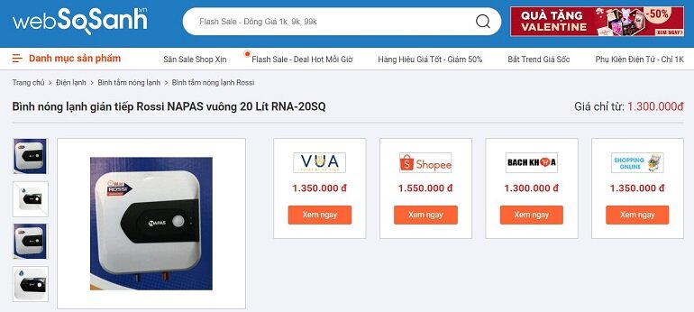 Giá bình nóng lạnh gián tiếp Rossi NAPAS vuông 20 Lít RNA-20SQ bao nhiêu tiền?