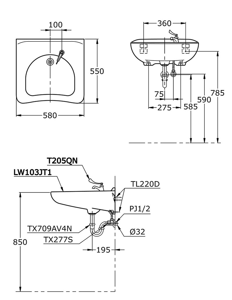 Bản vẽ chậu rửa mặt lavabo TOTO treo tường LW103JT1
