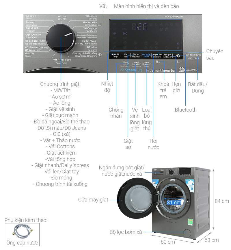 Máy giặt Beko lồng ngang Inverter 10 kg WCV10648XSTM