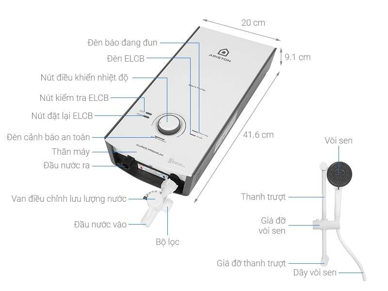 Tổng quan máy nước nóng trực tiếp Ariston Aures Premium 4.5 Tổng quan máy nước nóng trực tiếp Ariston Aures Premium 4.5