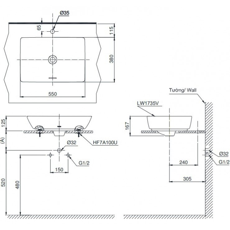 Bản vẽ kỹ thuật của chậu rửa mặt lavabo TOTO LT 1735 đặt bàn