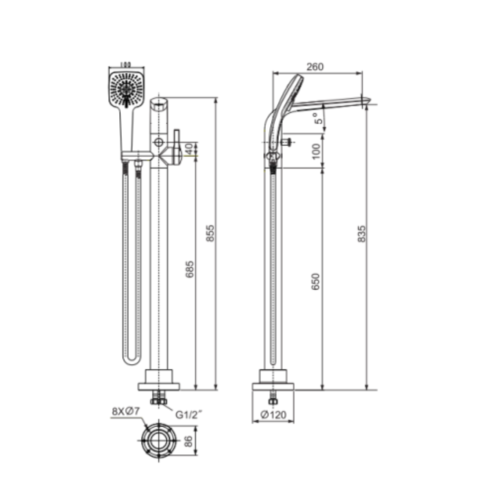 Bản vẽ kỹ thuật vòi bồn tắm đặt sàn IDS nóng lạnh American Standard WF-6816