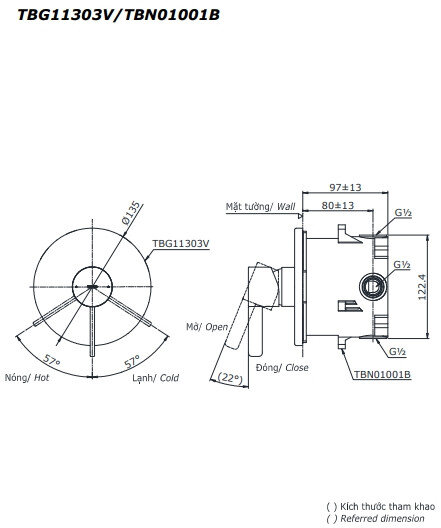 Bản vẽ kỹ thuật van gật gù điều chỉnh nóng lạnh GF TOTO TBG11303V/TBN01001B