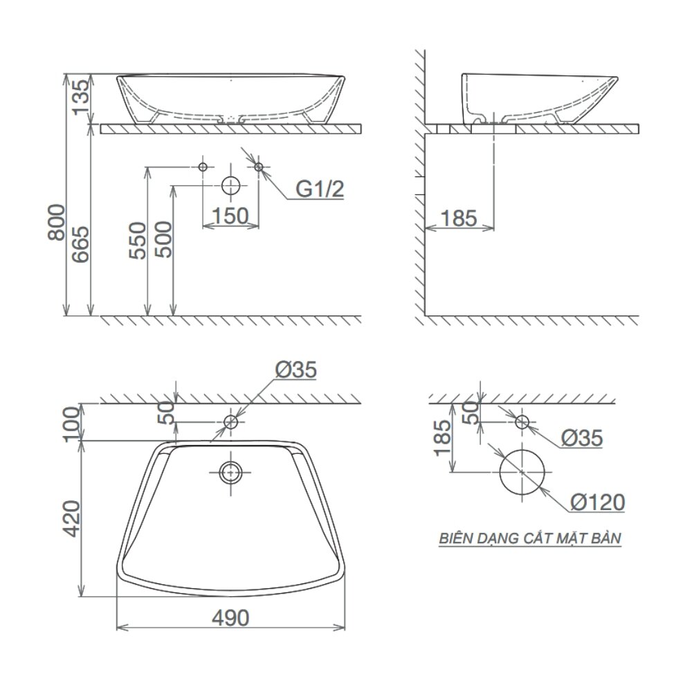 Bản vẽ kỹ thuật chậu lavabo đặt bàn Viglacera CD16