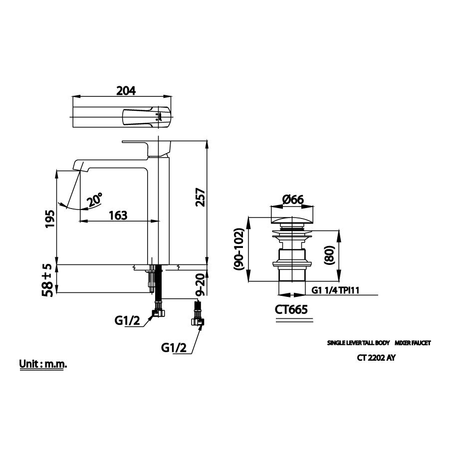 Bản vẽ kỹ thuật vòi lavabo COTTO CT2202AY nóng lạnh
