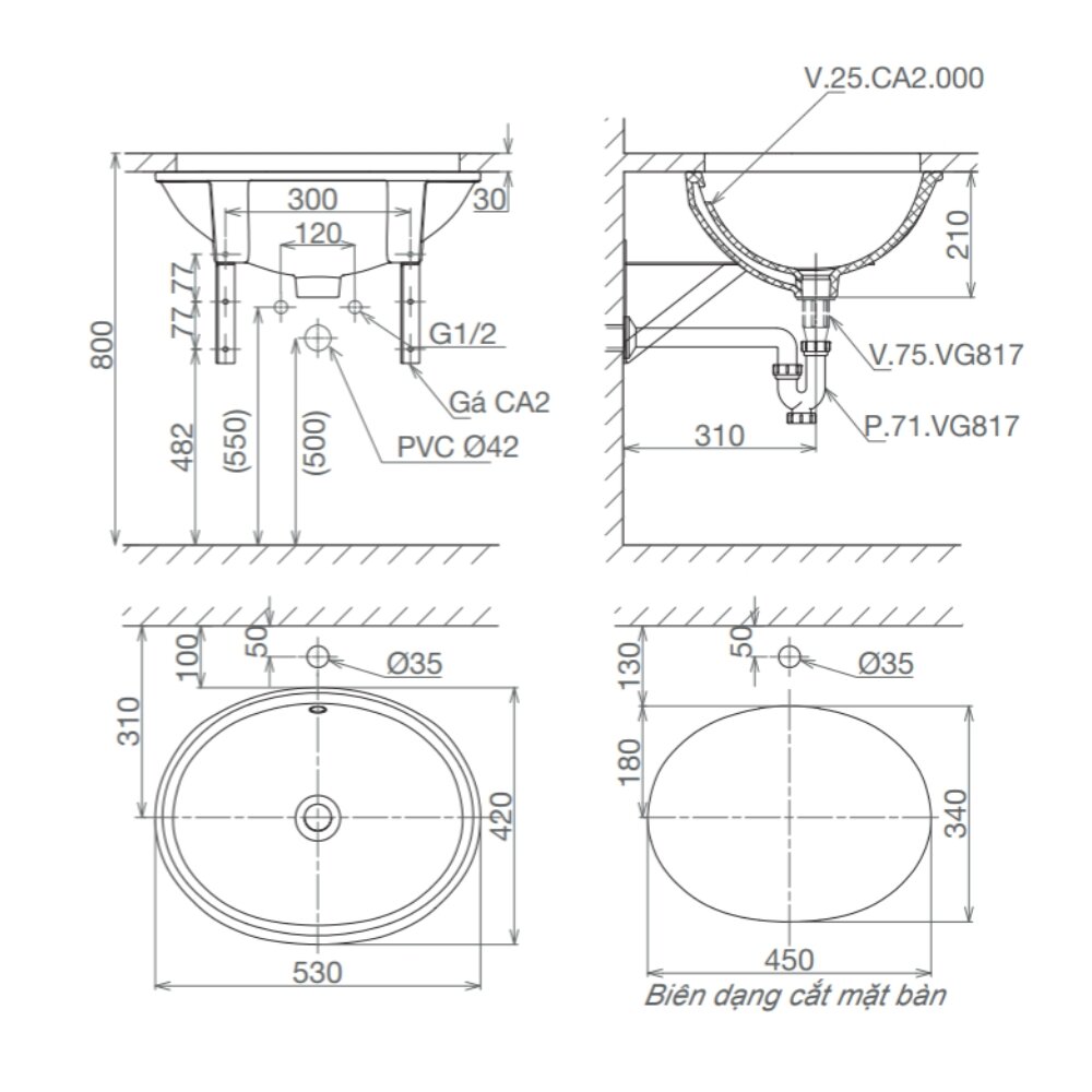 Bản vẽ kỹ thuật chậu rửa mặt lavabo âm bàn Viglacera CA2