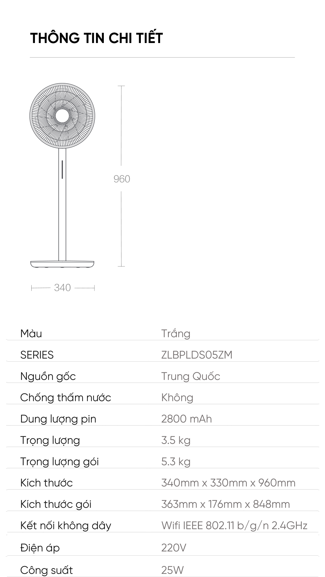 Quạt đứng tích điện Smartmi Gen 3 - ZLBPLDS05ZM - Bản quốc tế - Màu trắng