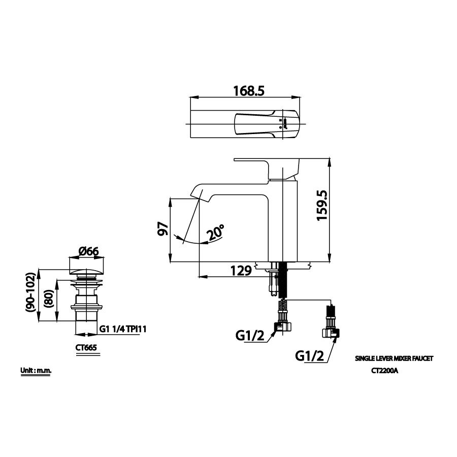 Bản vẽ kỹ thuật vòi chậu lavabo COTTO CT2200A nóng lạnh