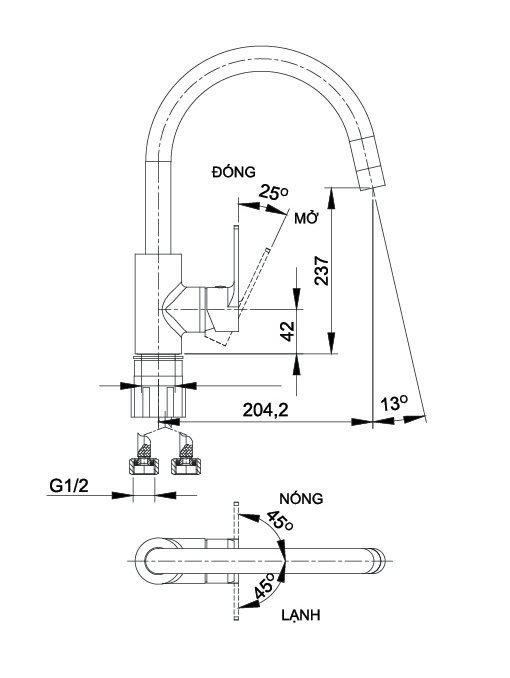 Bản vẽ kỹ thuật vòi rửa chén nóng lạnh Luxta L3206N