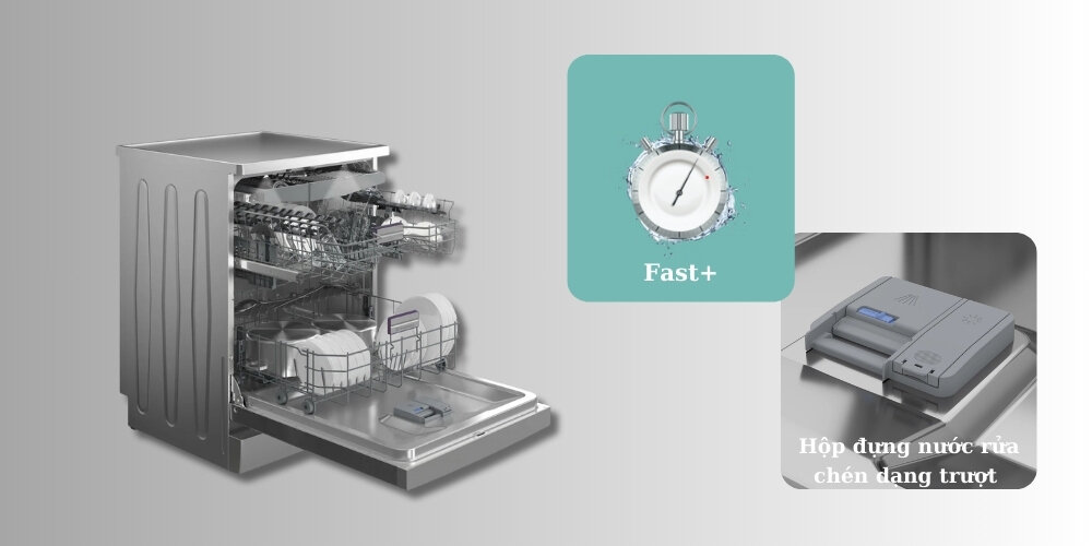 Beko BDFN36650XC có chức năng tăng tốc Fast+ và hộp đựng nước rửa chén dạng trượt
