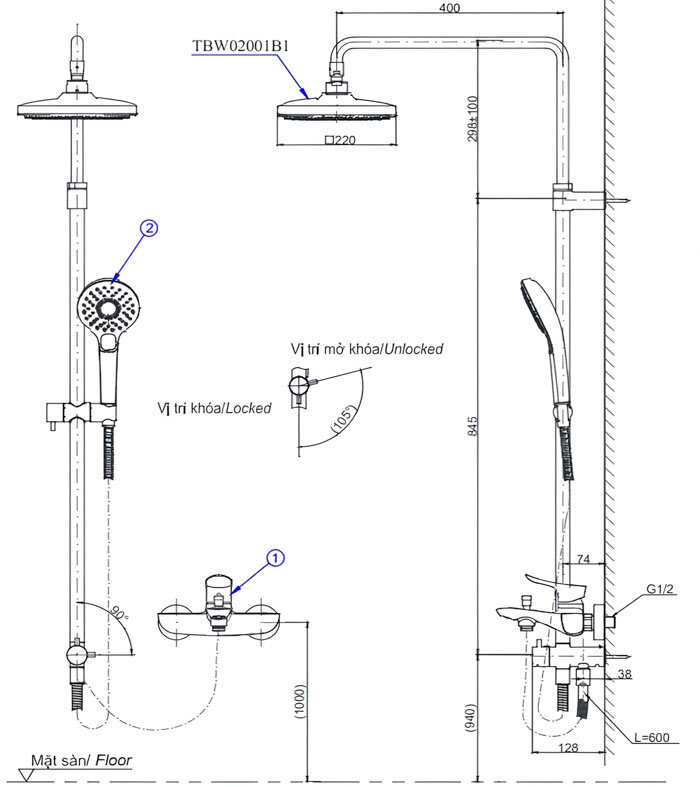 Bản vẽ kỹ thuật sen cây tắm đứng TOTO TBW02001BA