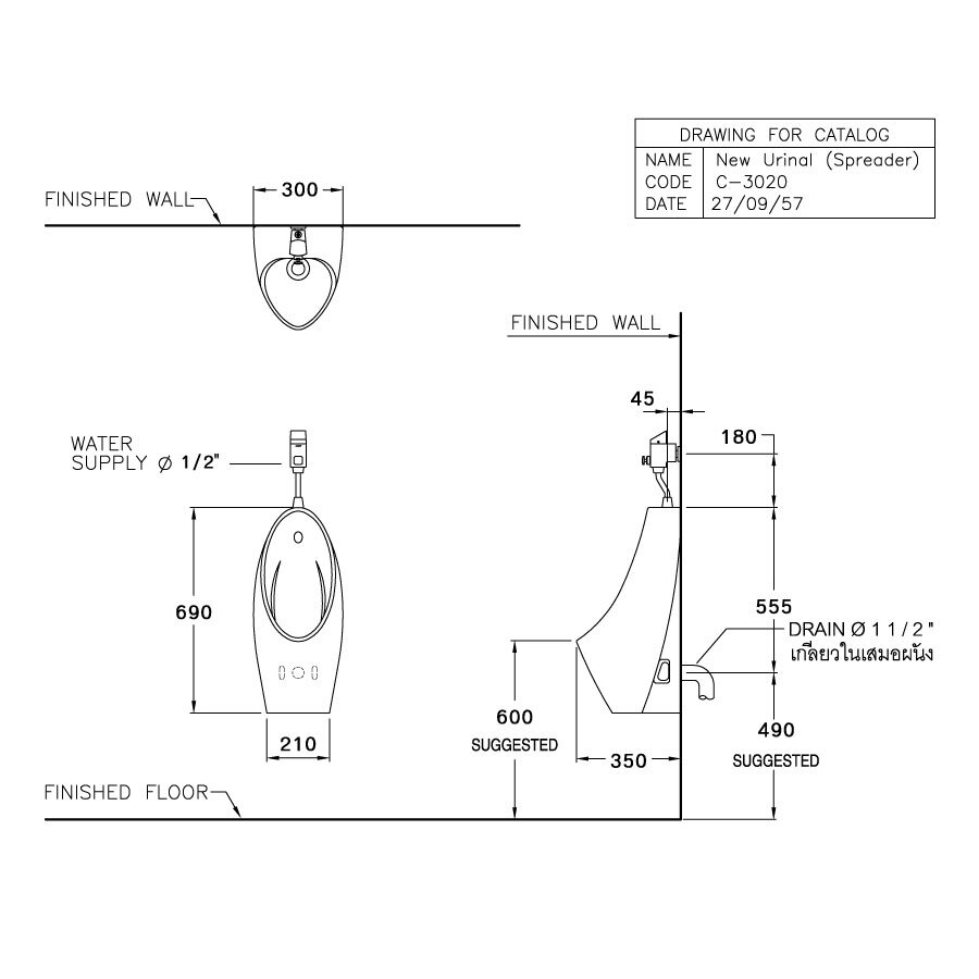 Bản vẽ kỹ thuật bồn tiểu nam COTTO treo tường C30207