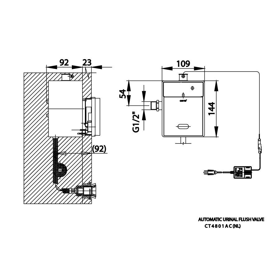 Bản vẽ kỹ thuật van xả tiểu nam COTTO cảm ứng dùng điện CT4801AC(NL)